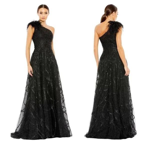 Mac Duggal Black Embellished One Shoulder A Line Gown‎ BLACK SZ 10 20389 $798 - Picture 3 of 7